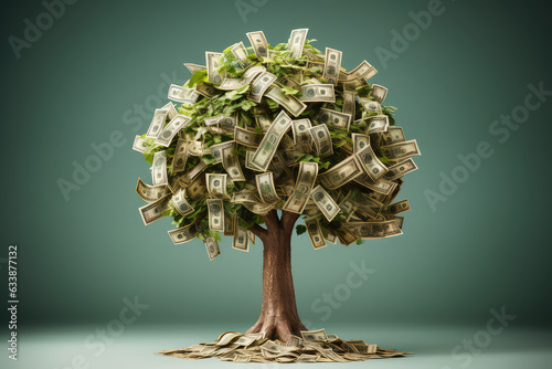 Money tree with dollars instead of leaves. Creative concept of investment, financial literacy and savings. 3d reader illustration style.