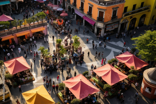 Spectacular Aerial View of Vibrant Plaza with Colorful Canopies and Bustling Crowds photo