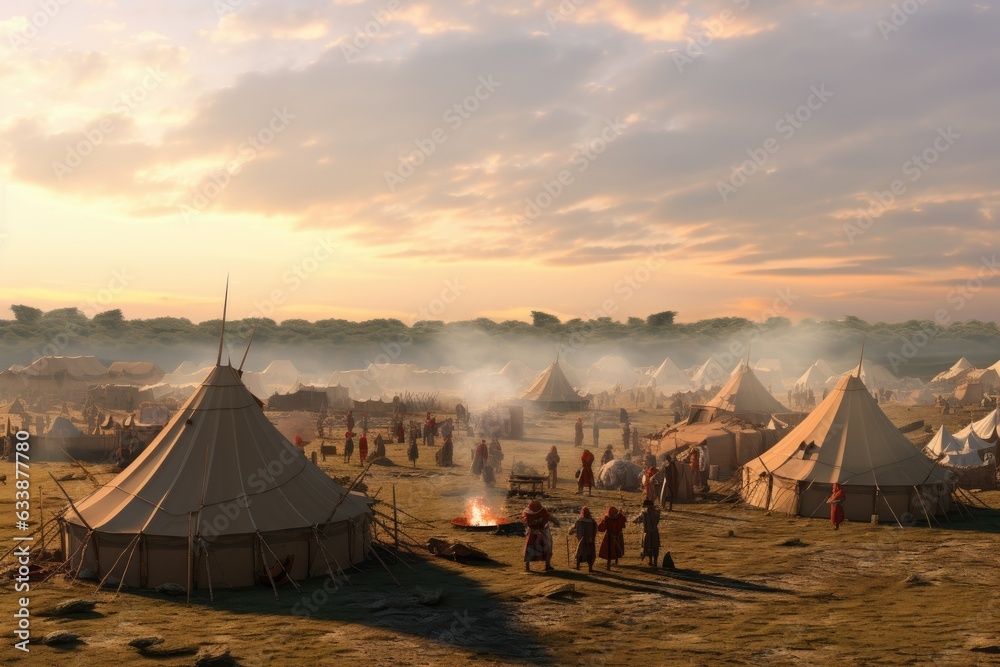 The Camp's Prelude: Distant Scene of Roman Encampment Unfurling, Tents in Mid-Erection, Silhouetted Roman Sentinels on Perimeter Duty Generative AI