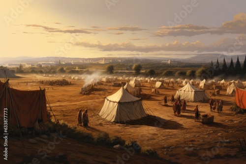 Empire's Outpost: Remote Survey of Emerging Roman Camp, Tents Being Erected, Silhouettes of Roman Guards on Perimeter Vigilance Generative AI