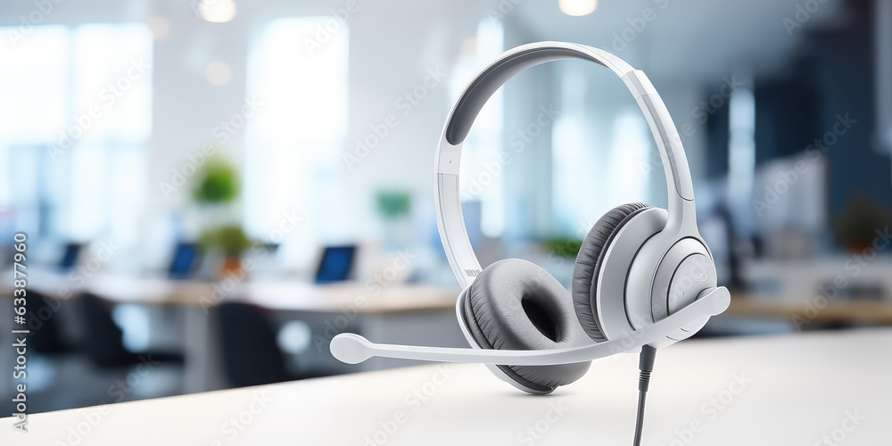 Close-up of empty call center desktop operator workspace, focused on headset. Creative wallpaper of corporate customer service support and telesales communication technology. 