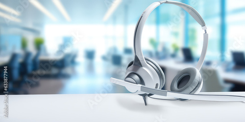 Close-up of empty call center desktop operator workspace  focused on headset. Creative wallpaper of corporate customer service support and telesales communication technology. 