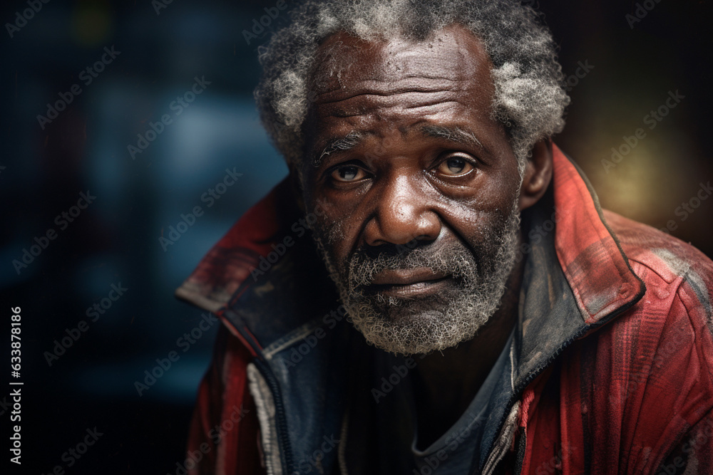 In a poignant portrait, an elderly, homeless man is captured in grungy attire, bearing the marks of hardship and poverty in his weathered features.