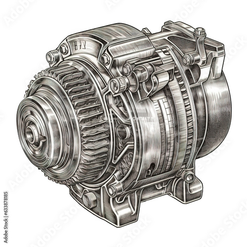 and drawn illustration of alternator in engraved style isolated on transparent or white background. Generative AI photo