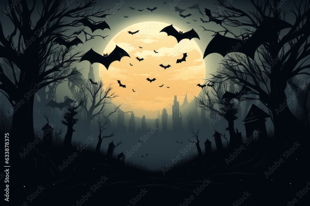 Flying bats in front of the yellow moon, Halloween, cartoon