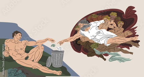 Creation of Adam. vector illustration. painting masterpieces. The birth of a person. Fresco by Michelangelo. Environment protection. To take out the trash. Protection of Nature.  Don't litter