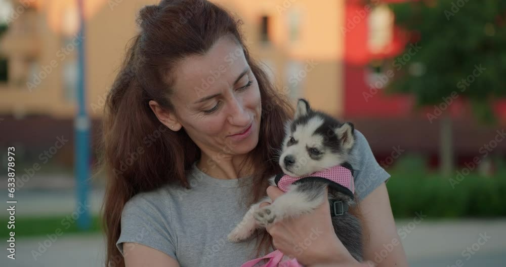 Woman hugging and kissing small puppy outdoor. Happy domestic animal concept Woman hugging and kissing small puppy outdoor. Happy domestic animal concept