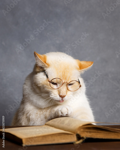 A smart cat with glasses turns the page of a book
