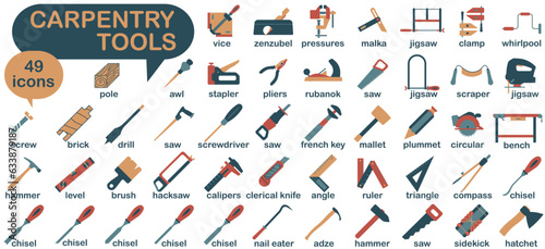 Collection of carpentry tools icons. Tool for a carpentry workshop with the name. Colored bright icons of carpentry tools. Vector illustration.