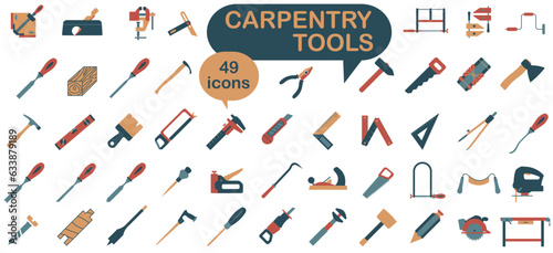 Collection of carpentry tools icons. Tool for carpentry workshop. Colored bright icons of carpentry tools. Vector illustration.