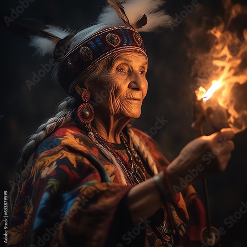 Old shamanic woman with fire