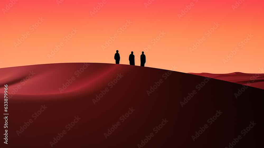 silhouette of a person in the desert, A group of boys and girls friends standing on top of mountain looking forward