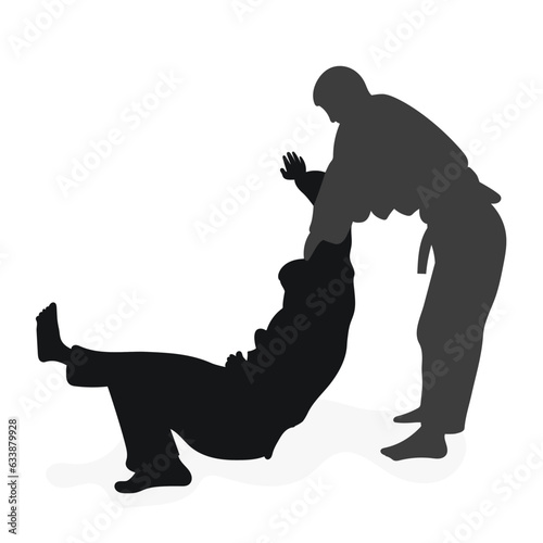 Image silhouette judoka. Judo, martial art, sportsmanship, wrestling, duel, grappling, combating, fighting, struggle