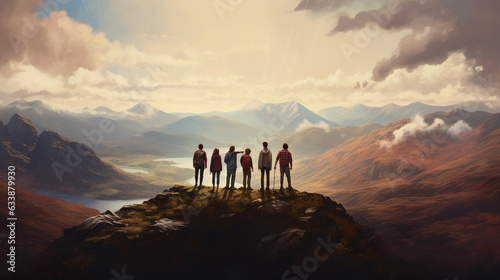 Four adventurous explorers perched atop a jagged peak, gazing ahead with awe - struck expressions, the sun setting behind them casting a warm golden glow © Arif