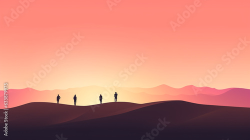 silhouette of a person in the mountains, A group of boys and girls friends standing on top of mountain looking forward