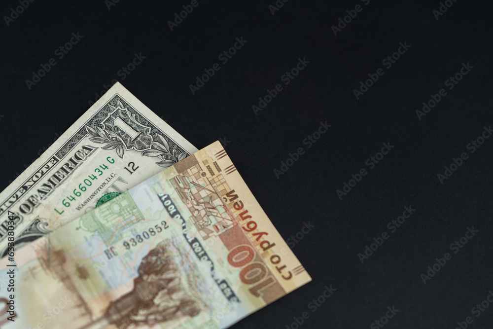One US dollar and one hundred Russian rubles. Exchange rate. An image with a shallow depth of field. One US dollar and one hundred Russian rubles. Exchange rate. An image with a shallow depth of field.