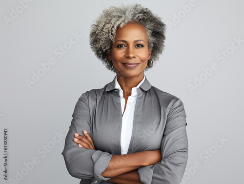 Portrait of a Smiling African American Business Woman middle age 50s 40s arms crossed isolated white background