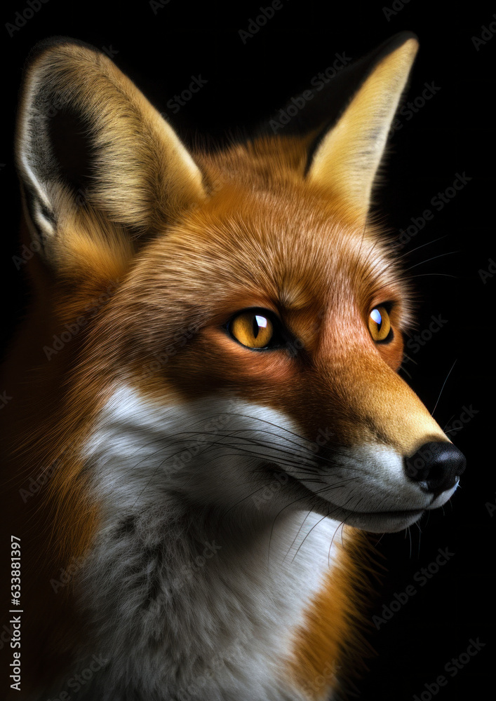 Animal face of a wild fox on a black background conceptual for frame