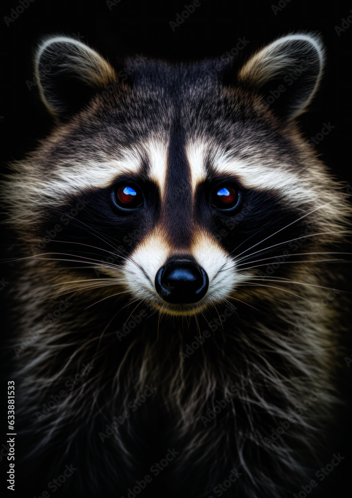 Photograph of a wild raccoon on a dark background conceptual for frame