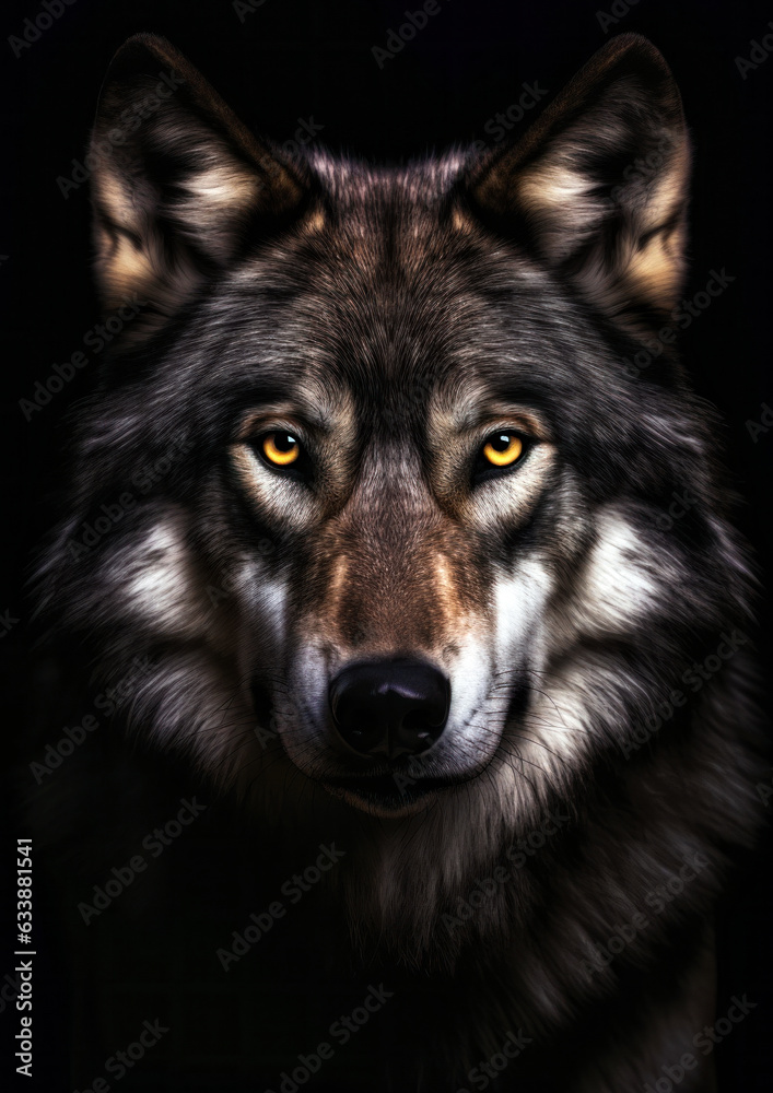 Photograph of a wild wolf on a dark background conceptual for frame