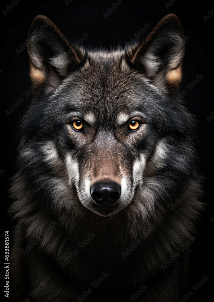 Photograph of an fierce wolf in a dark backdrop conceptual for frame