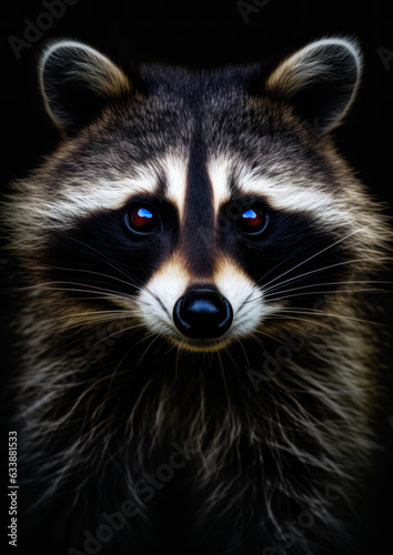 Photograph of a wild raccoon on a dark background conceptual for frame