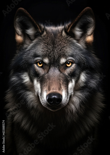 Photograph of an fierce wolf in a dark backdrop conceptual for frame photo