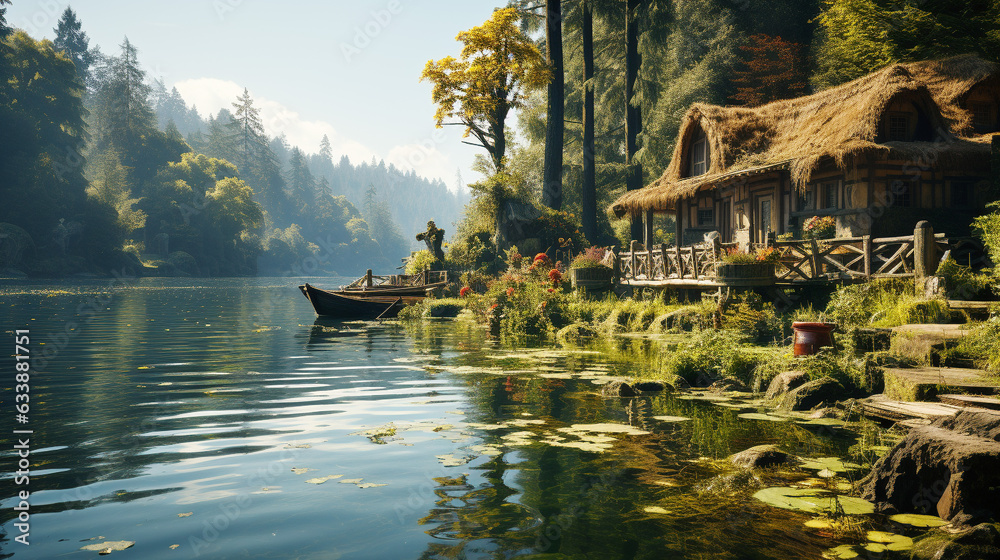 Adventure in non urban scene rustic boathouse on tranquil pond Adventure in non urban scene rustic boathouse on tranquil pond