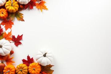 Fall background with orange pumpkins and fall leaves on a light surface, generative AI