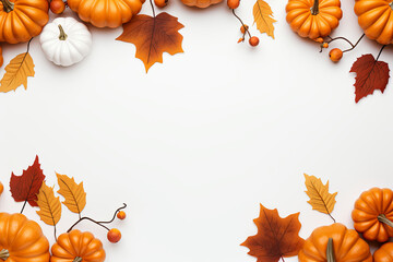 Fall background with orange pumpkins and fall leaves on a light surface, generative AI