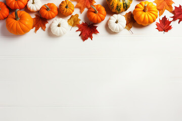Fall background with orange pumpkins and fall leaves on a light surface, generative AI