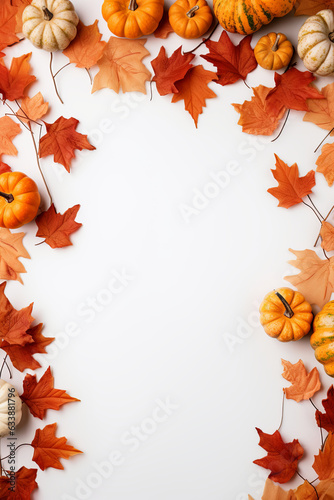 Fotografia Fall background with orange pumpkins and fall leaves on a light surface, generat