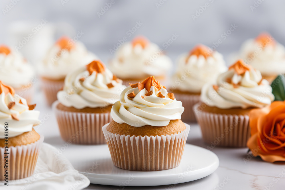 Pumpkin cupcakes on a white table topped with cream cheese frosting and dusted with cinnamon, generative AI