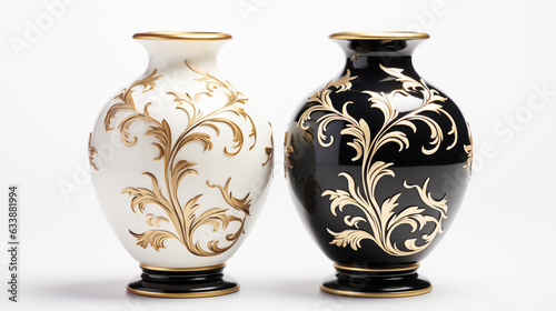Antique pottery vase ornate design black and white still life