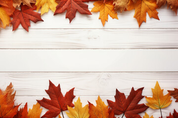Fall leaves border on light wooden surface, generative AI