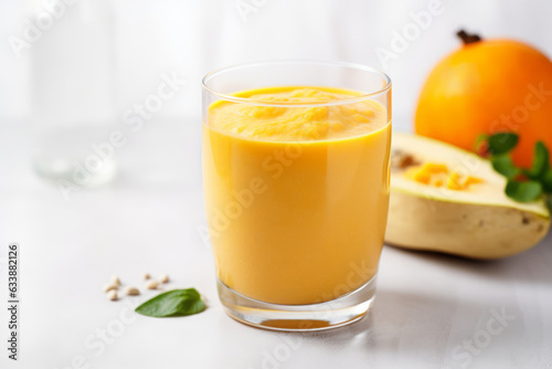 Pumpkin smoothie on a white table in a glass  fall breakfast or snack idea  generative AI