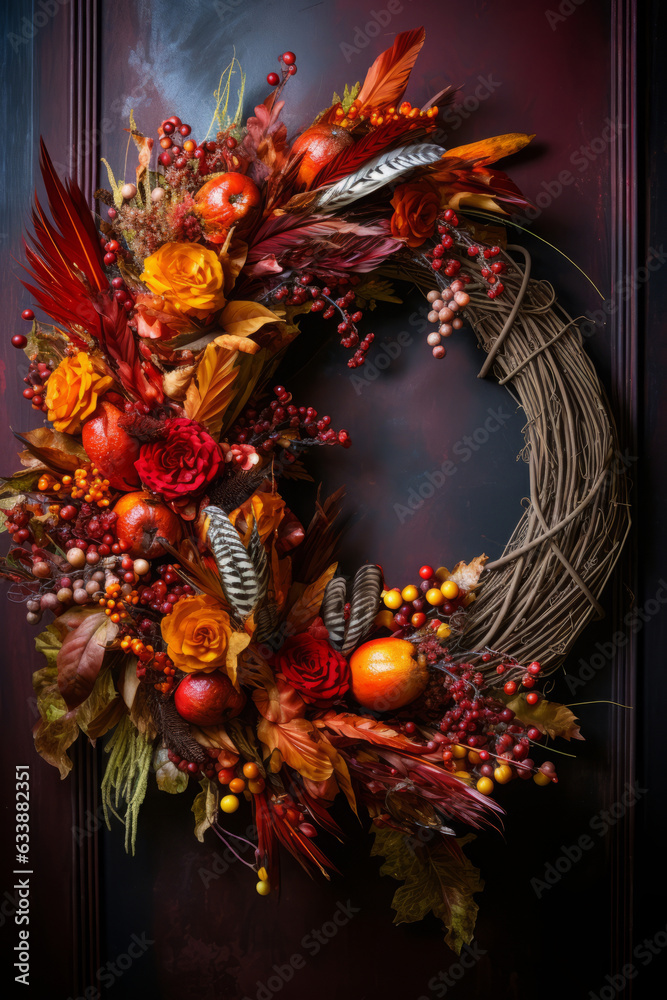 Festive Thanksgiving wreath with leaves and pumpkins on a door, generative AI