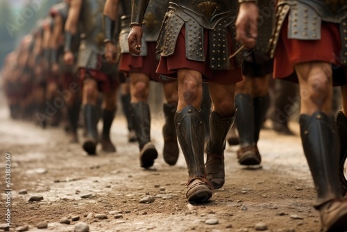 Legends in Every Step: Low View, Spotlighting Sandaled Feet of Roman Troops Moving in Perfect Alignment on the Cobblestone Road of Rome Generative AI