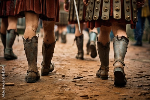 Momentum of History: Perspective from Below, Focusing on Sandaled Feet of Roman Legionnaires Advancing in Unison over the Cobbled Roman Thoroughfare Generative AI