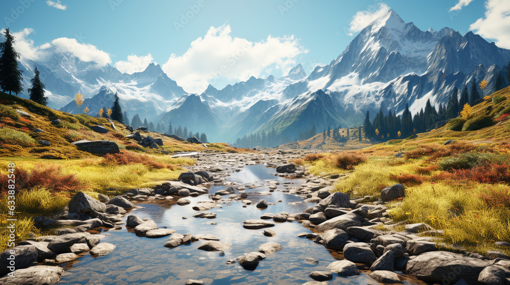 Autumn mountain range reflects natural beauty in tranquil wet meadow