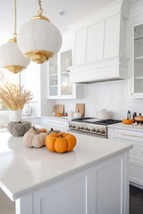 White modern kitchen decorated for fall with orange pumpkins and leaves, generative AI