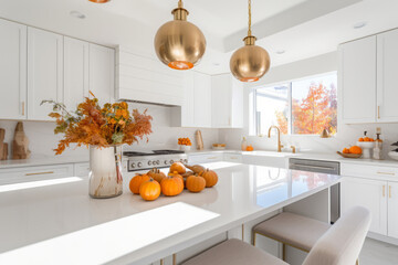 White modern kitchen decorated for fall with orange pumpkins and leaves, generative AI