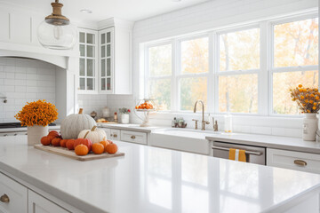 White modern kitchen decorated for fall with orange pumpkins and leaves, generative AI