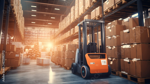 Forklift doing storage in warehouse by artificial intelligence automation. Robotics applied to industrial logistics. © mozZz