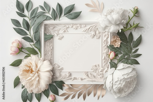 White frame on white background with peonies, flowers and leaves with copy space in the middle, generative AI
