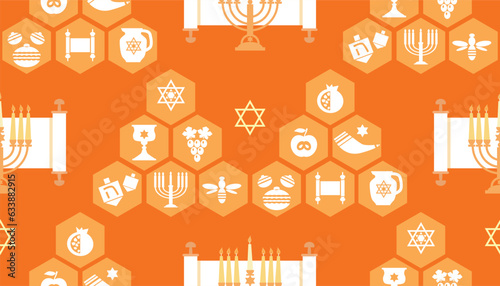 Rosh hashanah , Shana Tova - jewish new year holiday seamless pattern vector template  background  cartoon  flat design Pomegranate, honey, wine, menorah, candle, star David, apple, shofar, flower   photo