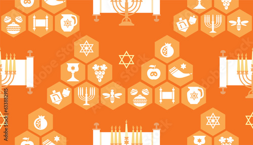 Rosh hashanah , Shana Tova - jewish new year holiday seamless pattern vector template  background  cartoon  flat design Pomegranate, honey, wine, menorah, candle, star David, apple, shofar, flower  