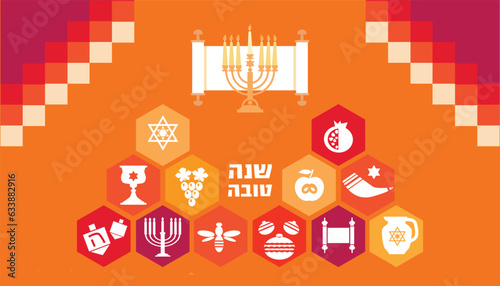 Rosh hashanah , Shana Tova - jewish new year holiday banner  template design. Pomegranate, honey, wine, menorah, candle, star David, apple, shofar, flower  Vector flat icon  illustration