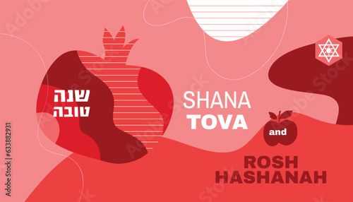 Rosh hashanah , Shana Tova - jewish new year holiday banner  template design. Pomegranate, honey, wine, menorah, candle, star David, apple, shofar, flower  Vector flat icon  illustration