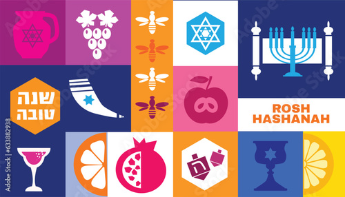 Rosh hashanah , Shana Tova - jewish new year holiday banner  template design. Pomegranate, honey, wine, menorah, candle, star David, apple, shofar, flower  Vector flat icon  illustration